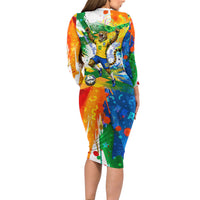 Personalized Brazil 6 Time World Football Champion 2026 Long Sleeve Bodycon Dress Hexa Brasil Jaguar Mascot - Graffiti Splash Art