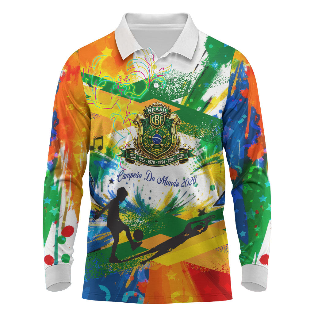 Personalized Brazil 6 Time World Football Champion 2026 Long Sleeve Polo Shirt Hexa Brasil Jaguar Mascot - Graffiti Splash Art
