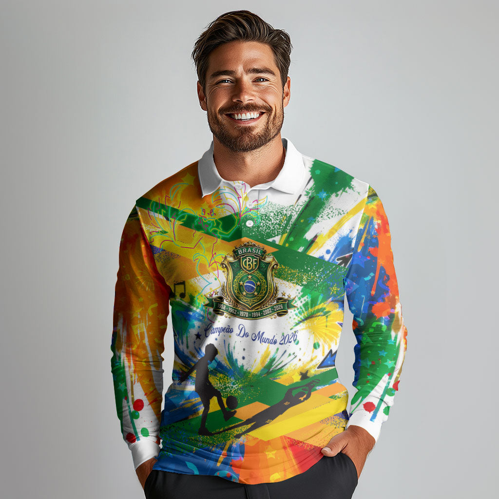 Personalized Brazil 6 Time World Football Champion 2026 Long Sleeve Polo Shirt Hexa Brasil Jaguar Mascot - Graffiti Splash Art