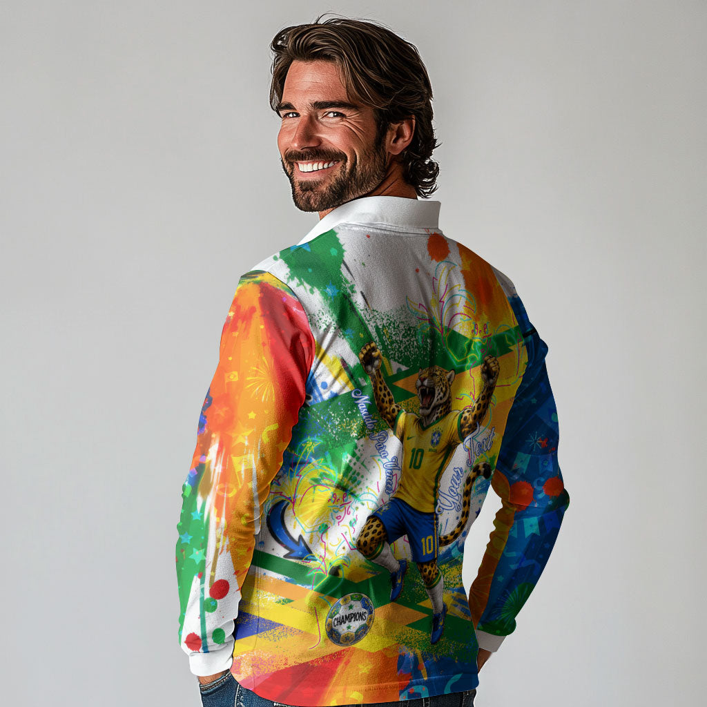 Personalized Brazil 6 Time World Football Champion 2026 Long Sleeve Polo Shirt Hexa Brasil Jaguar Mascot - Graffiti Splash Art