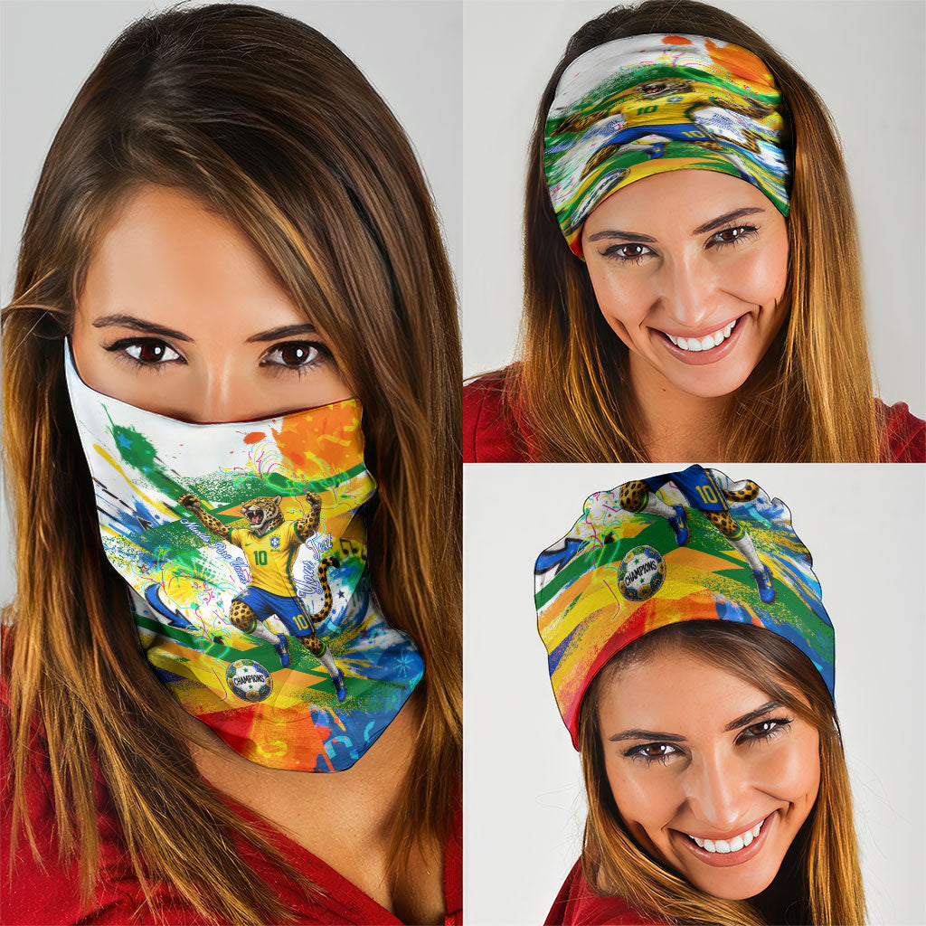 Personalized Brazil 6 Time World Football Champion 2026 Neck Gaiter Hexa Brasil Jaguar Mascot - Graffiti Splash Art