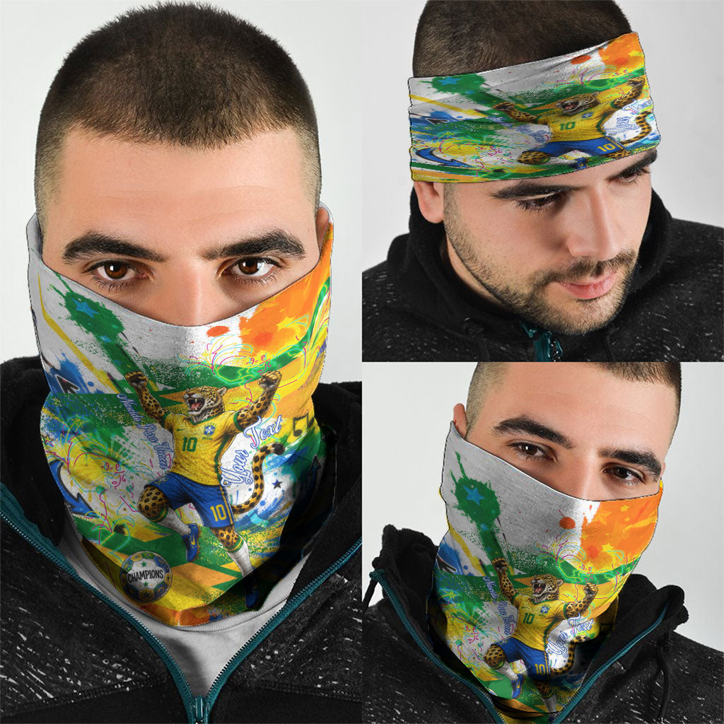 Personalized Brazil 6 Time World Football Champion 2026 Neck Gaiter Hexa Brasil Jaguar Mascot - Graffiti Splash Art
