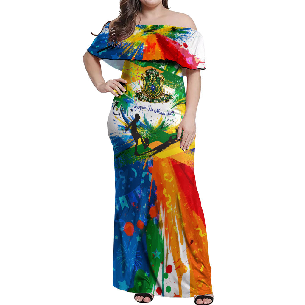 Personalized Brazil 6 Time World Football Champion 2026 Off Shoulder Maxi Dress Hexa Brasil Jaguar Mascot - Graffiti Splash Art
