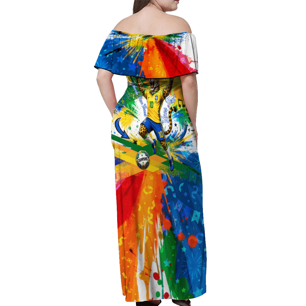 Personalized Brazil 6 Time World Football Champion 2026 Off Shoulder Maxi Dress Hexa Brasil Jaguar Mascot - Graffiti Splash Art