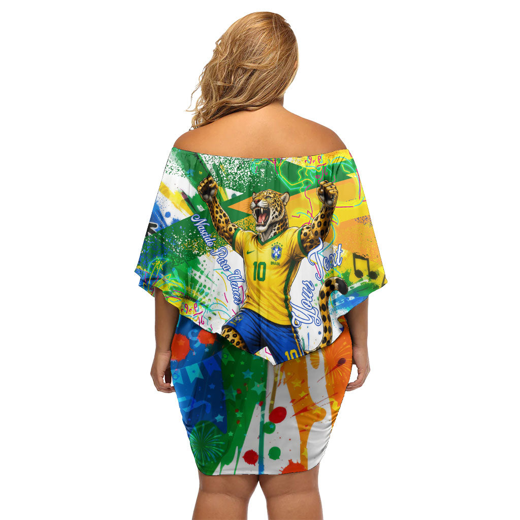 Personalized Brazil 6 Time World Football Champion 2026 Off Shoulder Short Dress Hexa Brasil Jaguar Mascot - Graffiti Splash Art