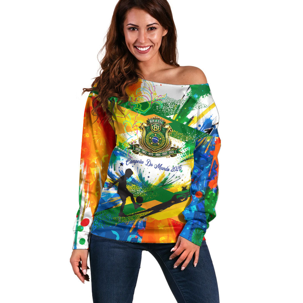 Personalized Brazil 6 Time World Football Champion 2026 Off Shoulder Sweater Hexa Brasil Jaguar Mascot - Graffiti Splash Art