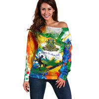 Personalized Brazil 6 Time World Football Champion 2026 Off Shoulder Sweater Hexa Brasil Jaguar Mascot - Graffiti Splash Art