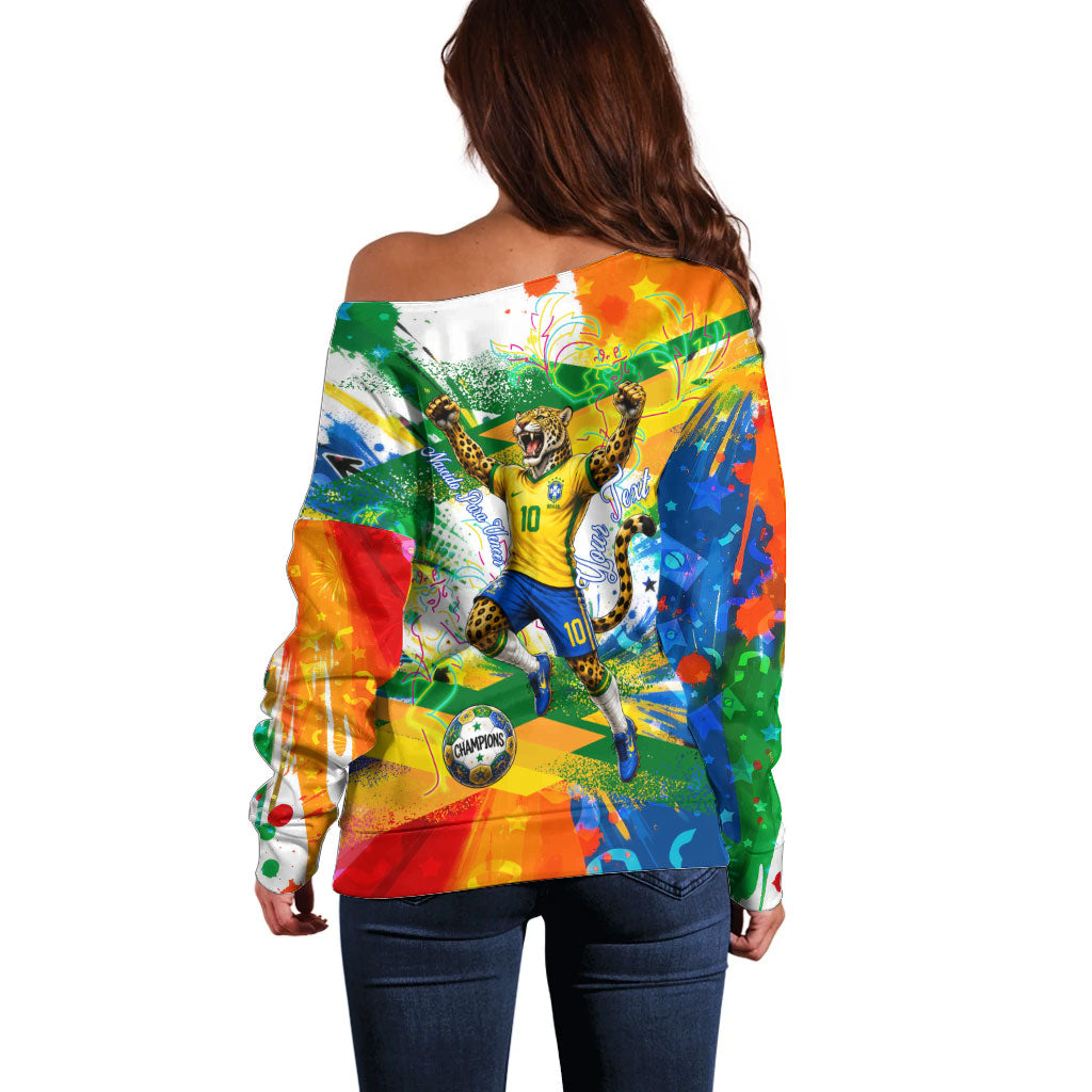 Personalized Brazil 6 Time World Football Champion 2026 Off Shoulder Sweater Hexa Brasil Jaguar Mascot - Graffiti Splash Art