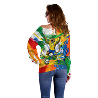 Personalized Brazil 6 Time World Football Champion 2026 Off Shoulder Sweater Hexa Brasil Jaguar Mascot - Graffiti Splash Art