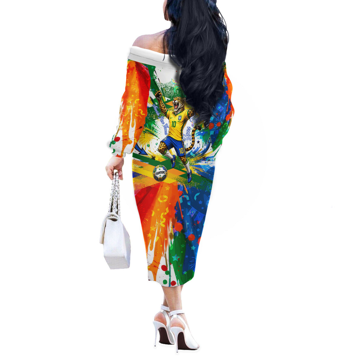 Personalized Brazil 6 Time World Football Champion 2026 Off The Shoulder Long Sleeve Dress Hexa Brasil Jaguar Mascot - Graffiti Splash Art