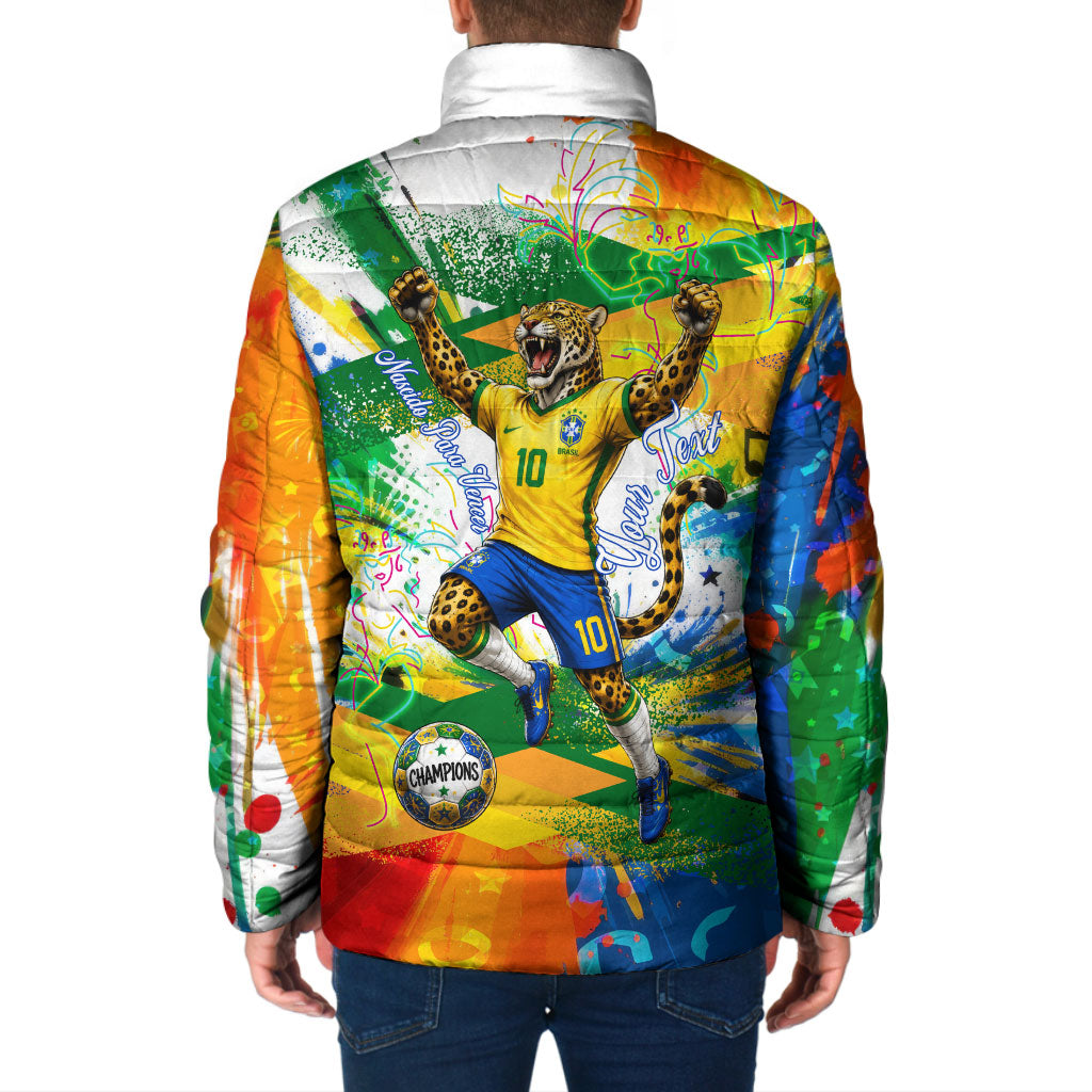 Personalized Brazil 6 Time World Football Champion 2026 Padded Jacket Hexa Brasil Jaguar Mascot - Graffiti Splash Art