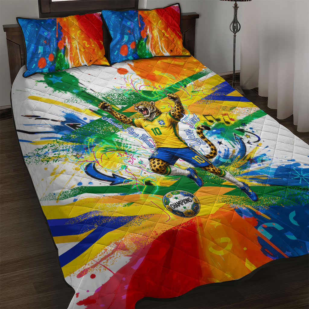 Personalized Brazil 6 Time World Football Champion 2026 Quilt Bed Set Hexa Brasil Jaguar Mascot - Graffiti Splash Art