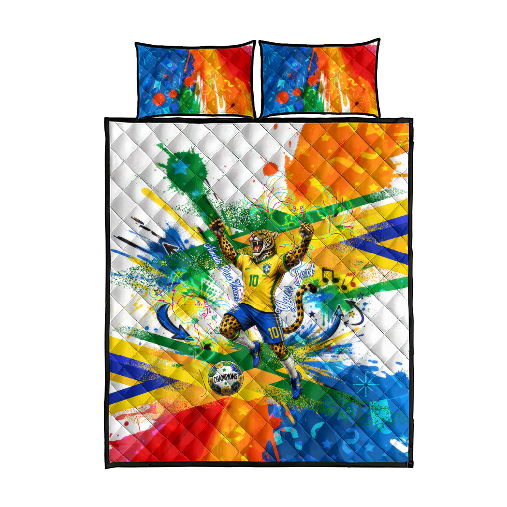 Personalized Brazil 6 Time World Football Champion 2026 Quilt Bed Set Hexa Brasil Jaguar Mascot - Graffiti Splash Art