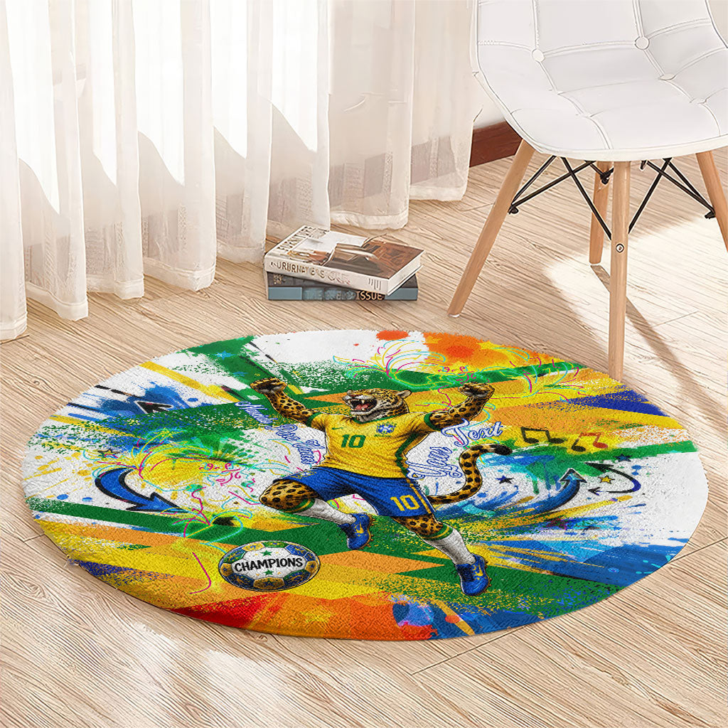 Personalized Brazil 6 Time World Football Champion 2026 Round Carpet Hexa Brasil Jaguar Mascot - Graffiti Splash Art