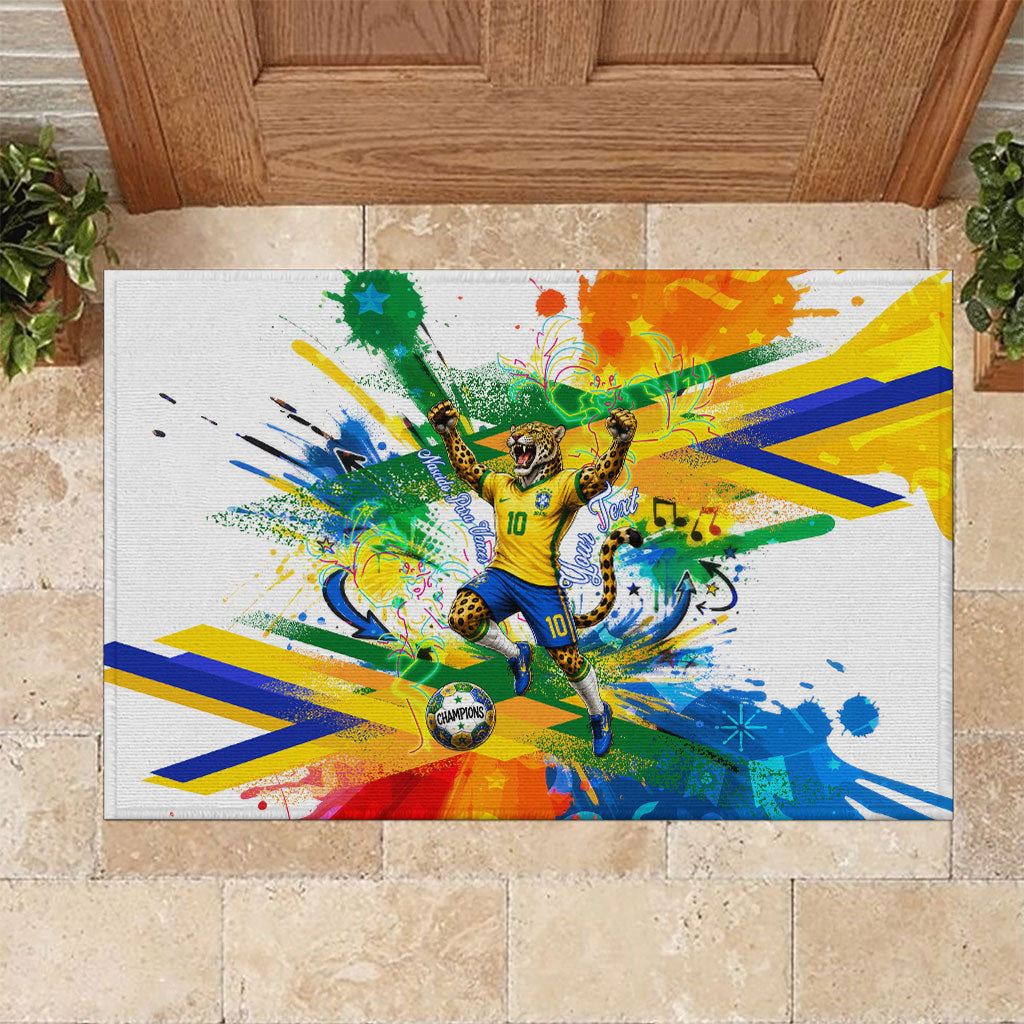 Personalized Brazil 6 Time World Football Champion 2026 Rubber Doormat Hexa Brasil Jaguar Mascot - Graffiti Splash Art