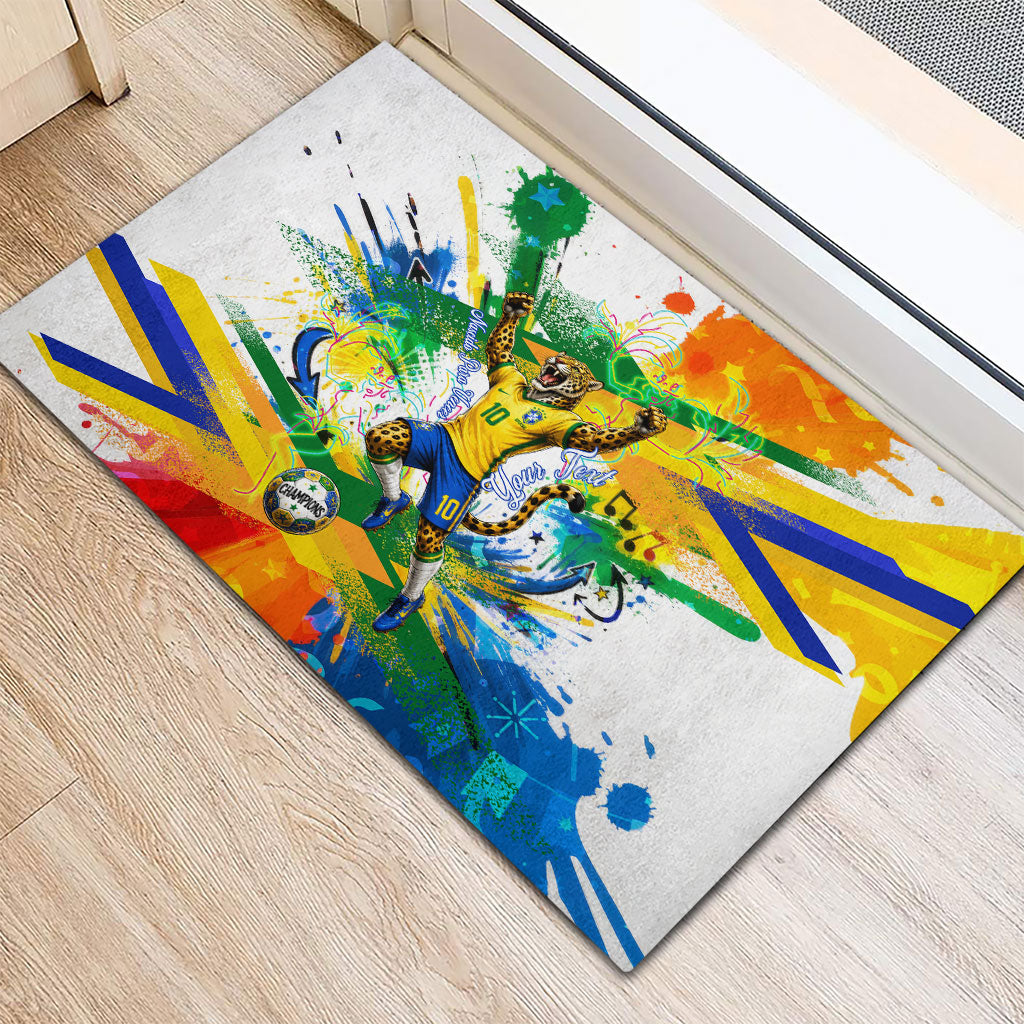 Personalized Brazil 6 Time World Football Champion 2026 Rubber Doormat Hexa Brasil Jaguar Mascot - Graffiti Splash Art