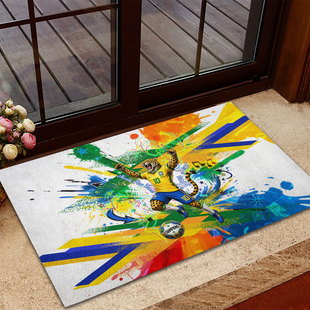 Personalized Brazil 6 Time World Football Champion 2026 Rubber Doormat Hexa Brasil Jaguar Mascot - Graffiti Splash Art
