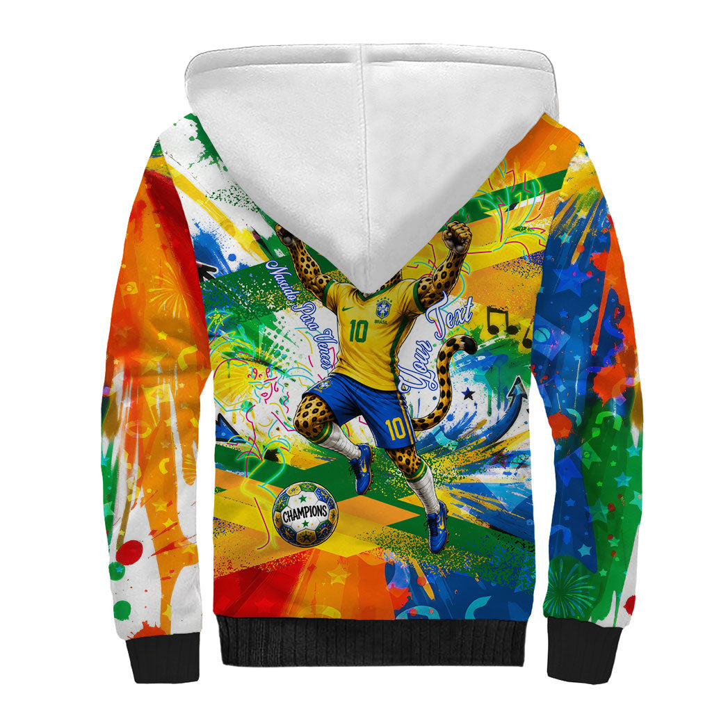 Personalized Brazil 6 Time World Football Champion 2026 Sherpa Hoodie Hexa Brasil Jaguar Mascot - Graffiti Splash Art