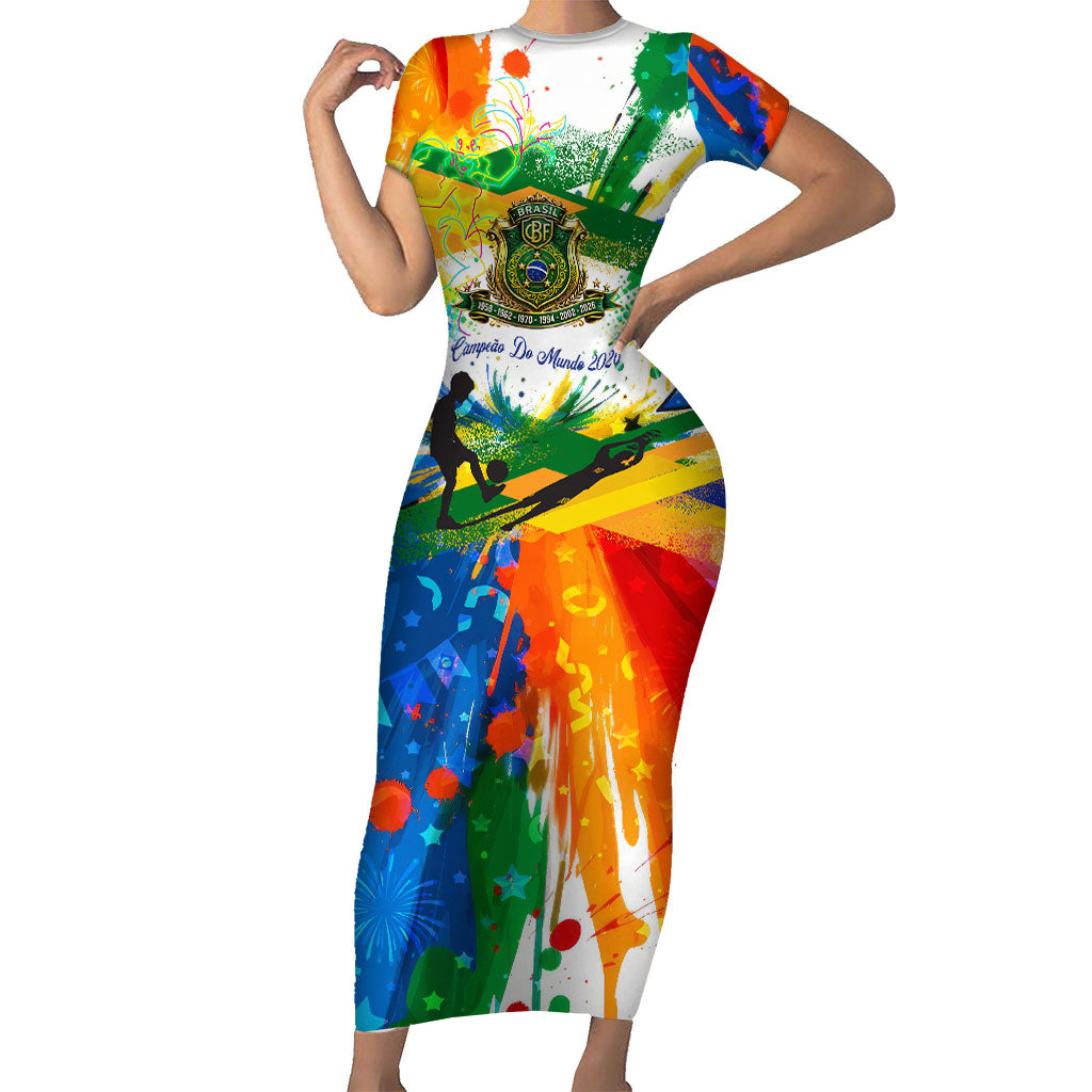 Personalized Brazil 6 Time World Football Champion 2026 Short Sleeve Bodycon Dress Hexa Brasil Jaguar Mascot - Graffiti Splash Art