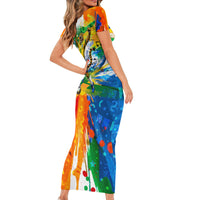 Personalized Brazil 6 Time World Football Champion 2026 Short Sleeve Bodycon Dress Hexa Brasil Jaguar Mascot - Graffiti Splash Art