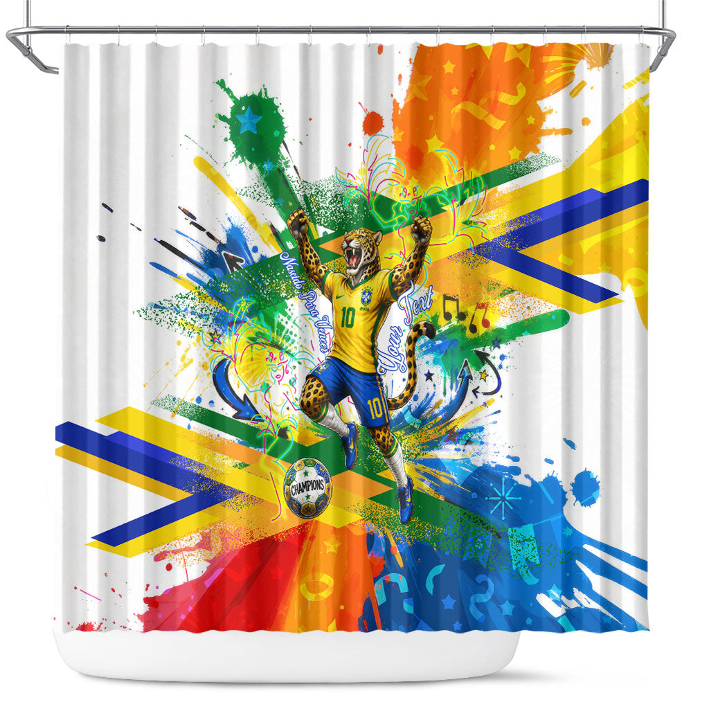 Personalized Brazil 6 Time World Football Champion 2026 Shower Curtain Hexa Brasil Jaguar Mascot - Graffiti Splash Art