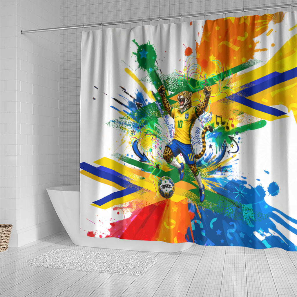 Personalized Brazil 6 Time World Football Champion 2026 Shower Curtain Hexa Brasil Jaguar Mascot - Graffiti Splash Art