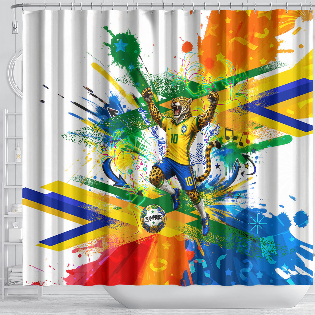 Personalized Brazil 6 Time World Football Champion 2026 Shower Curtain Hexa Brasil Jaguar Mascot - Graffiti Splash Art