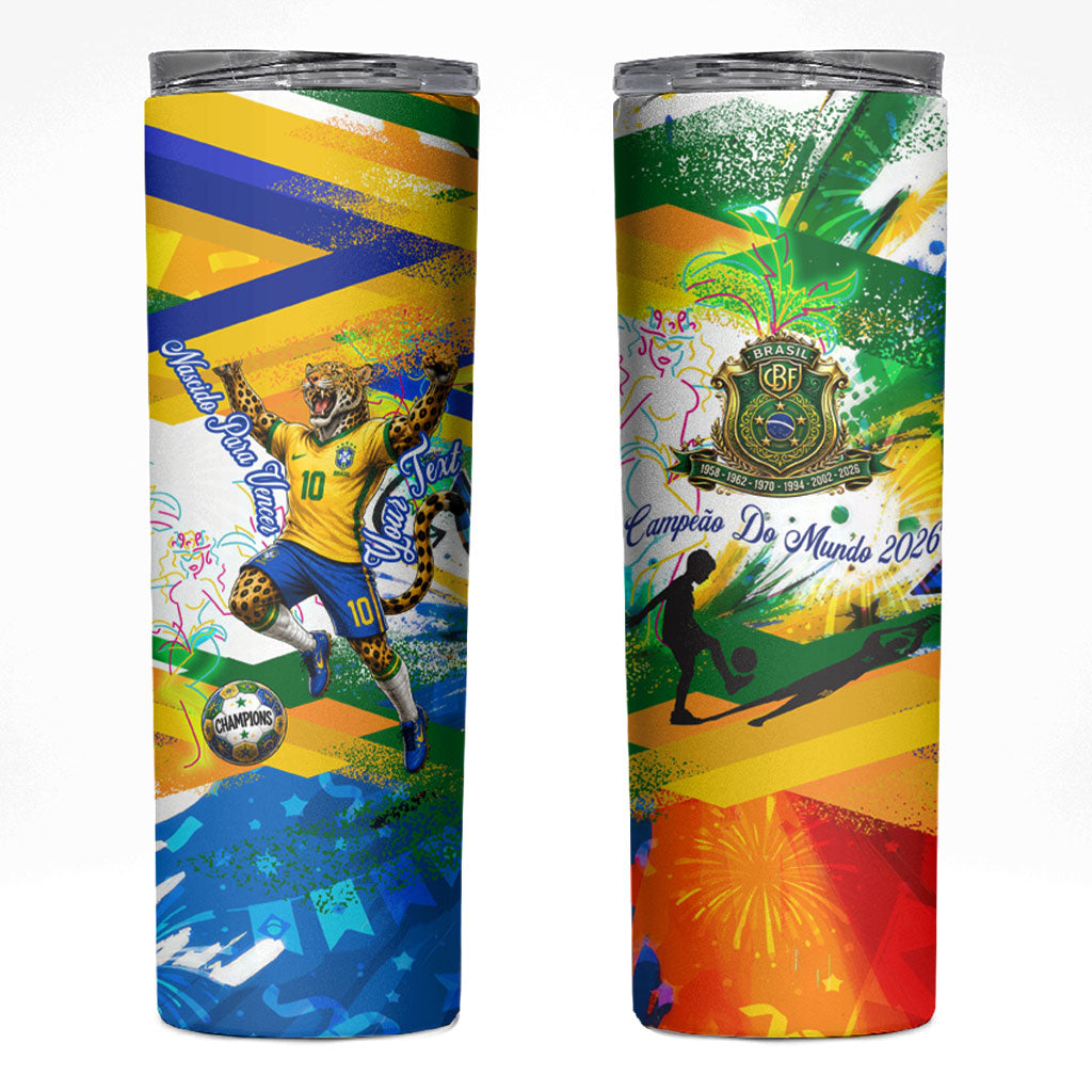 Personalized Brazil 6 Time World Football Champion 2026 Skinny Tumbler Hexa Brasil Jaguar Mascot - Graffiti Splash Art