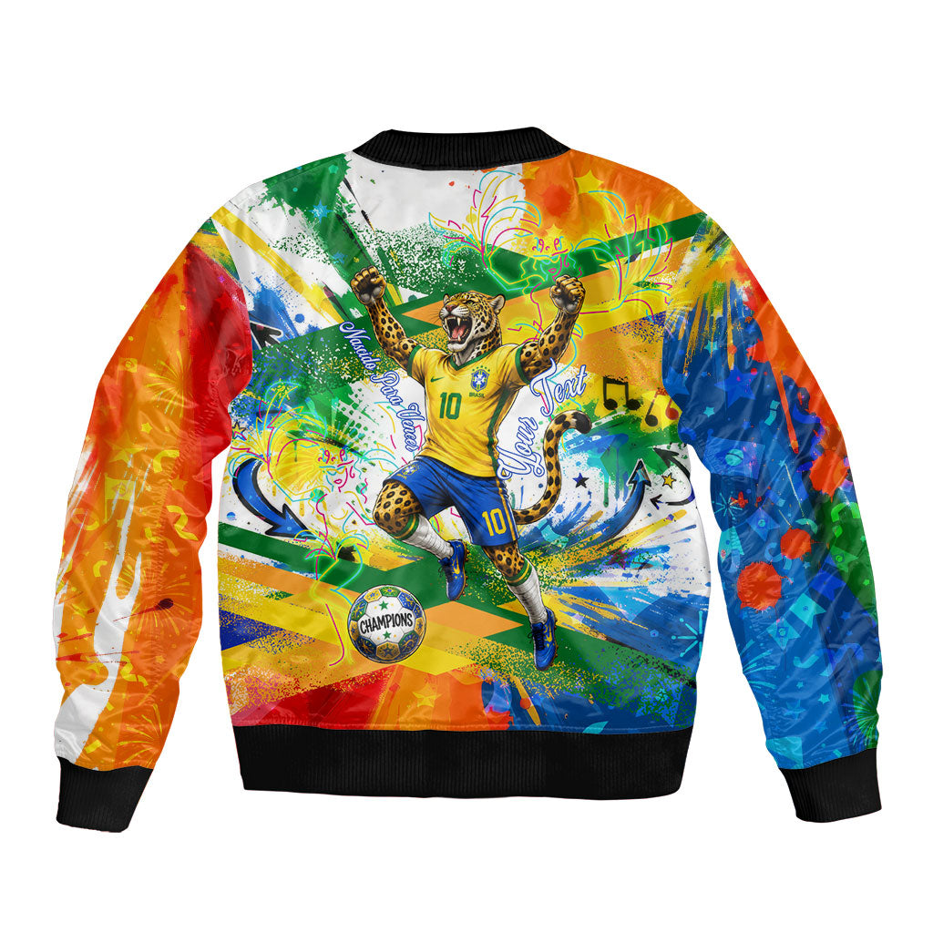 Personalized Brazil 6 Time World Football Champion 2026 Sleeve Zip Bomber Jacket Hexa Brasil Jaguar Mascot - Graffiti Splash Art