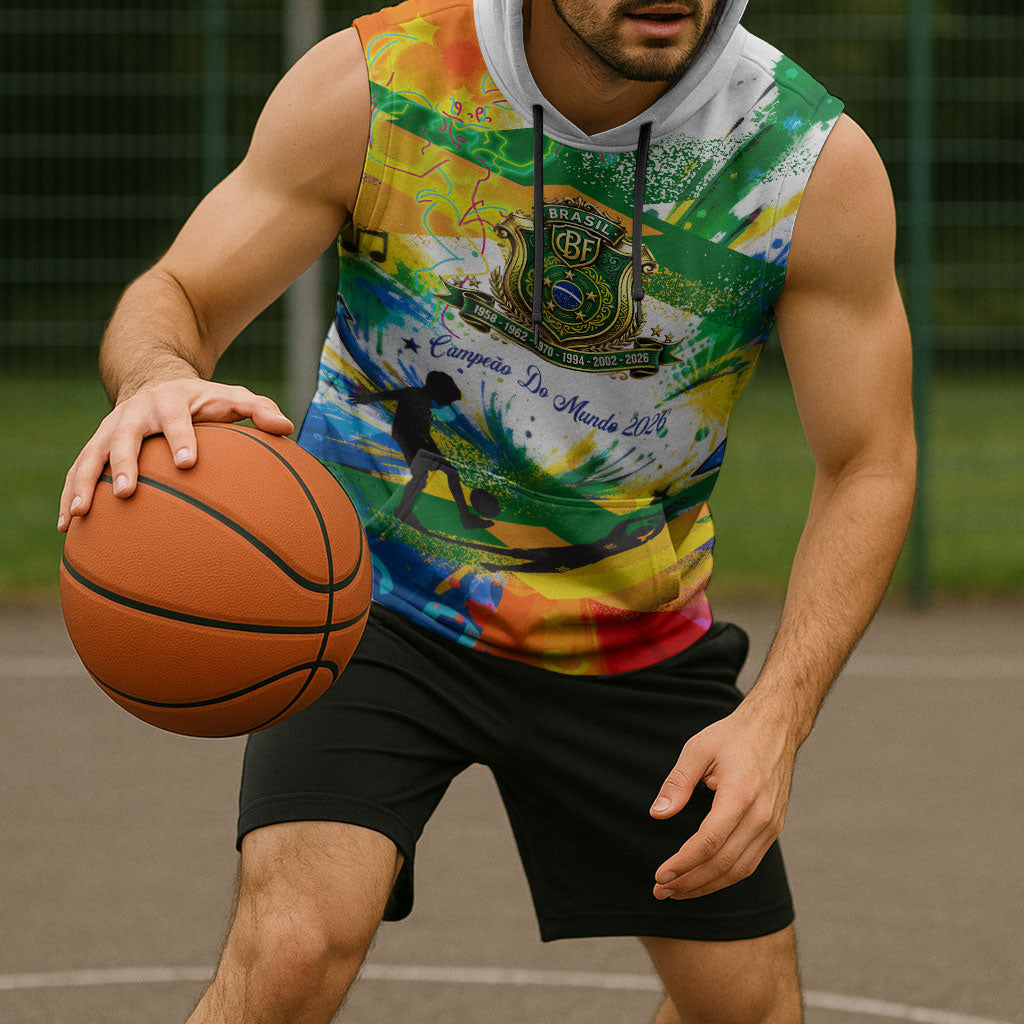 Personalized Brazil 6 Time World Football Champion 2026 Sleeveless Hoodie Hexa Brasil Jaguar Mascot - Graffiti Splash Art