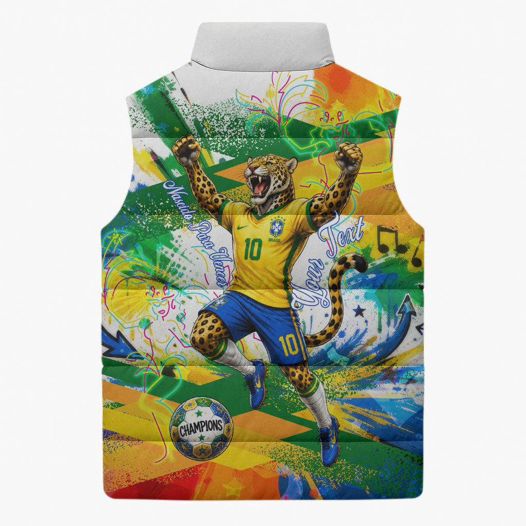 Personalized Brazil 6 Time World Football Champion 2026 Sleeveless Puffer Jacket Hexa Brasil Jaguar Mascot - Graffiti Splash Art