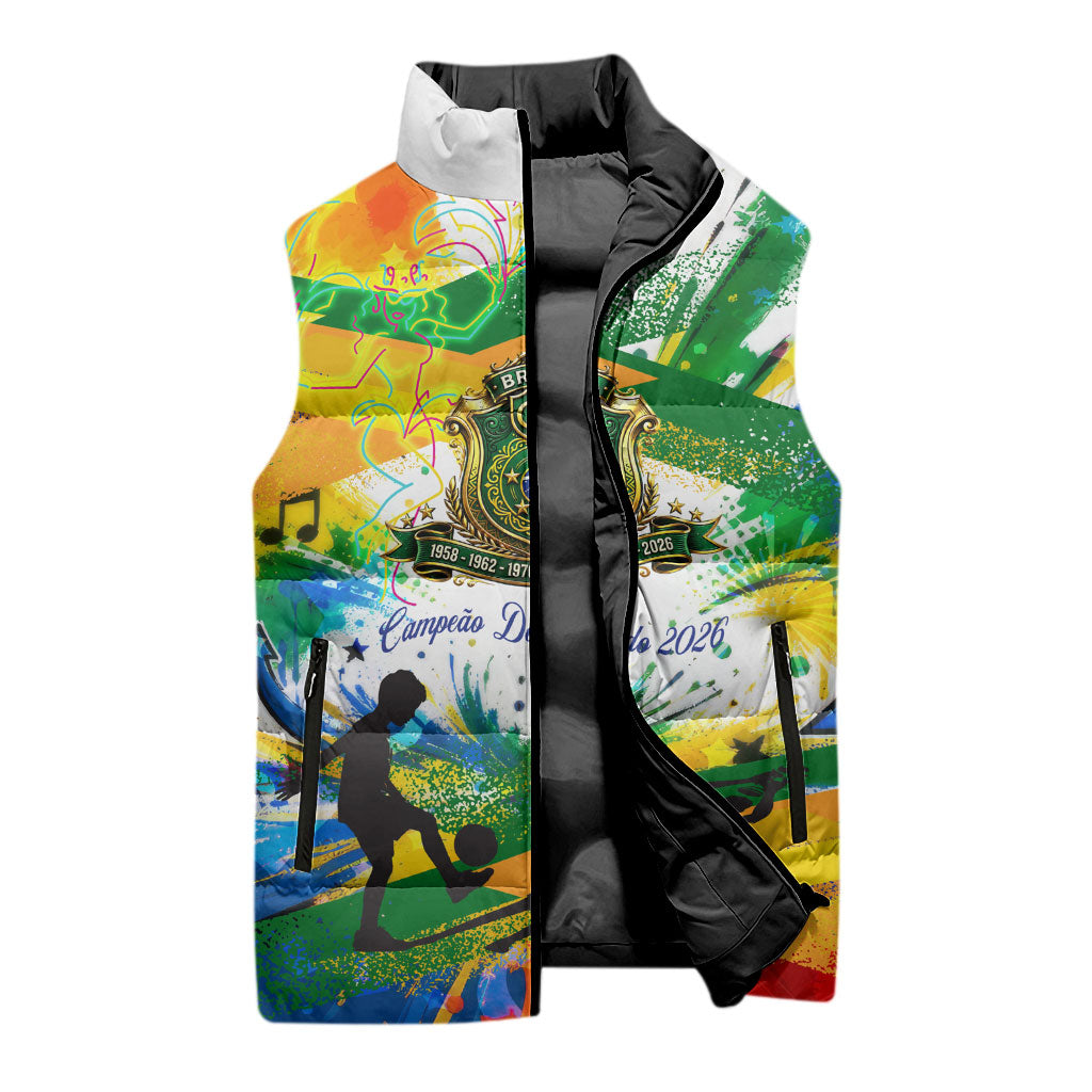 Personalized Brazil 6 Time World Football Champion 2026 Sleeveless Puffer Jacket Hexa Brasil Jaguar Mascot - Graffiti Splash Art