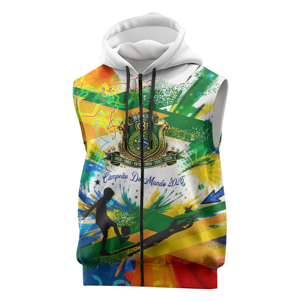Personalized Brazil 6 Time World Football Champion 2026 Sleeveless Zip Hoodie Hexa Brasil Jaguar Mascot - Graffiti Splash Art
