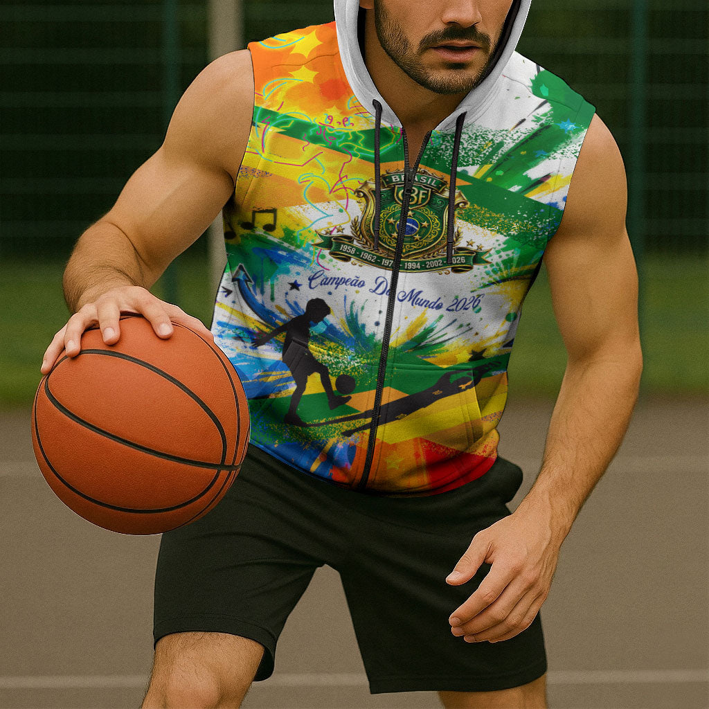 Personalized Brazil 6 Time World Football Champion 2026 Sleeveless Zip Hoodie Hexa Brasil Jaguar Mascot - Graffiti Splash Art