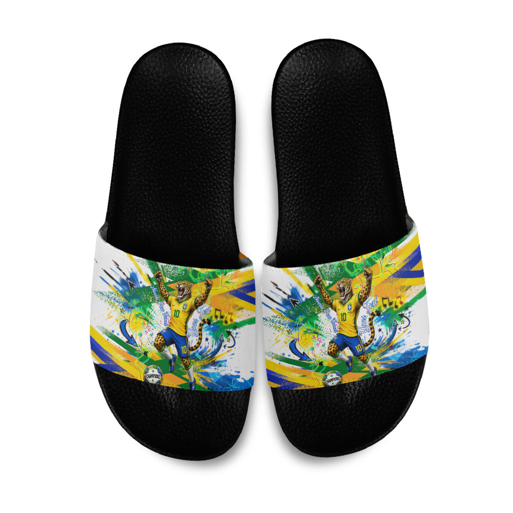 Personalized Brazil 6 Time World Football Champion 2026 Slide Sandals Hexa Brasil Jaguar Mascot - Graffiti Splash Art