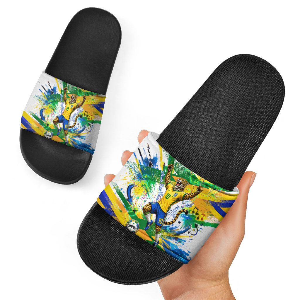 Personalized Brazil 6 Time World Football Champion 2026 Slide Sandals Hexa Brasil Jaguar Mascot - Graffiti Splash Art