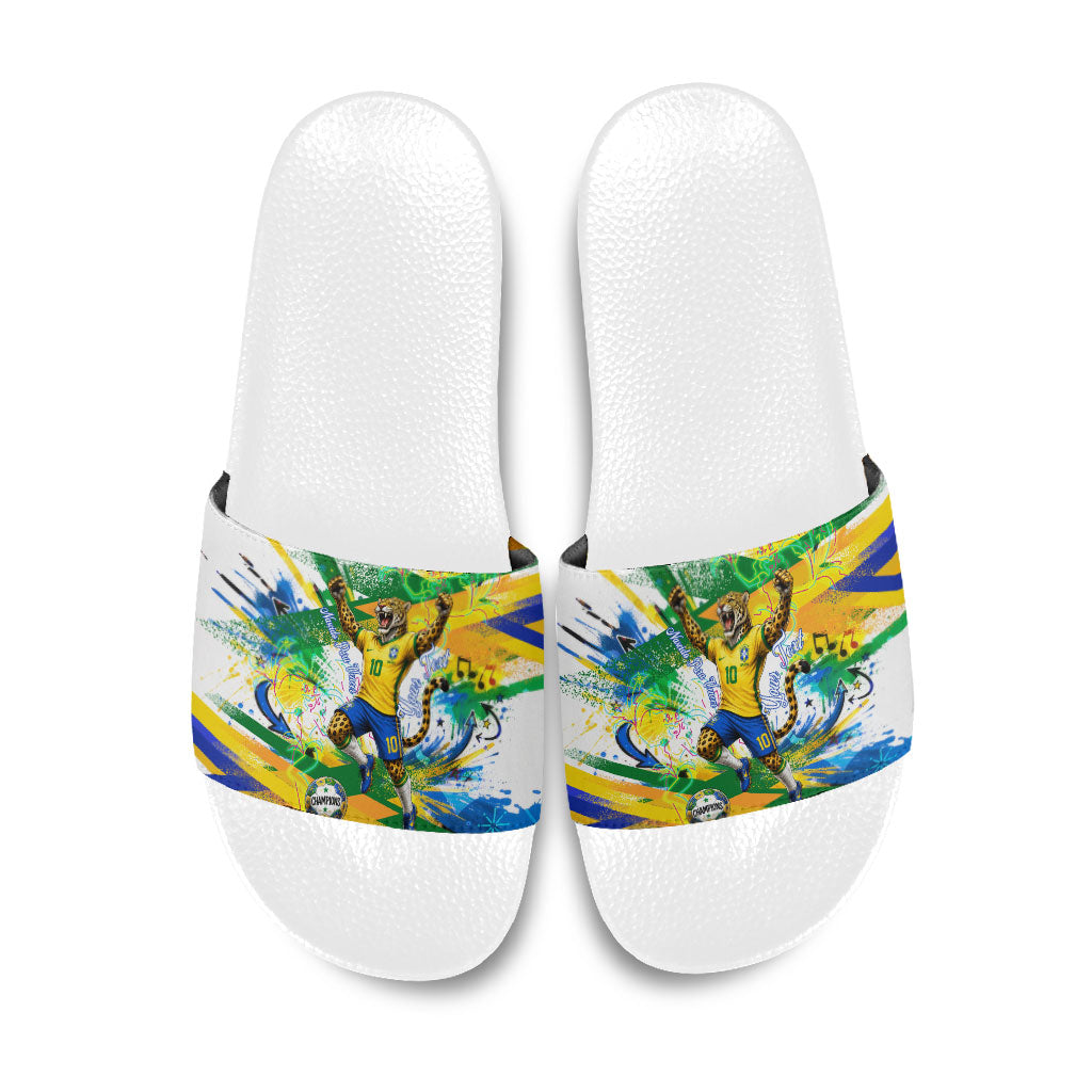 Personalized Brazil 6 Time World Football Champion 2026 Slide Sandals Hexa Brasil Jaguar Mascot - Graffiti Splash Art