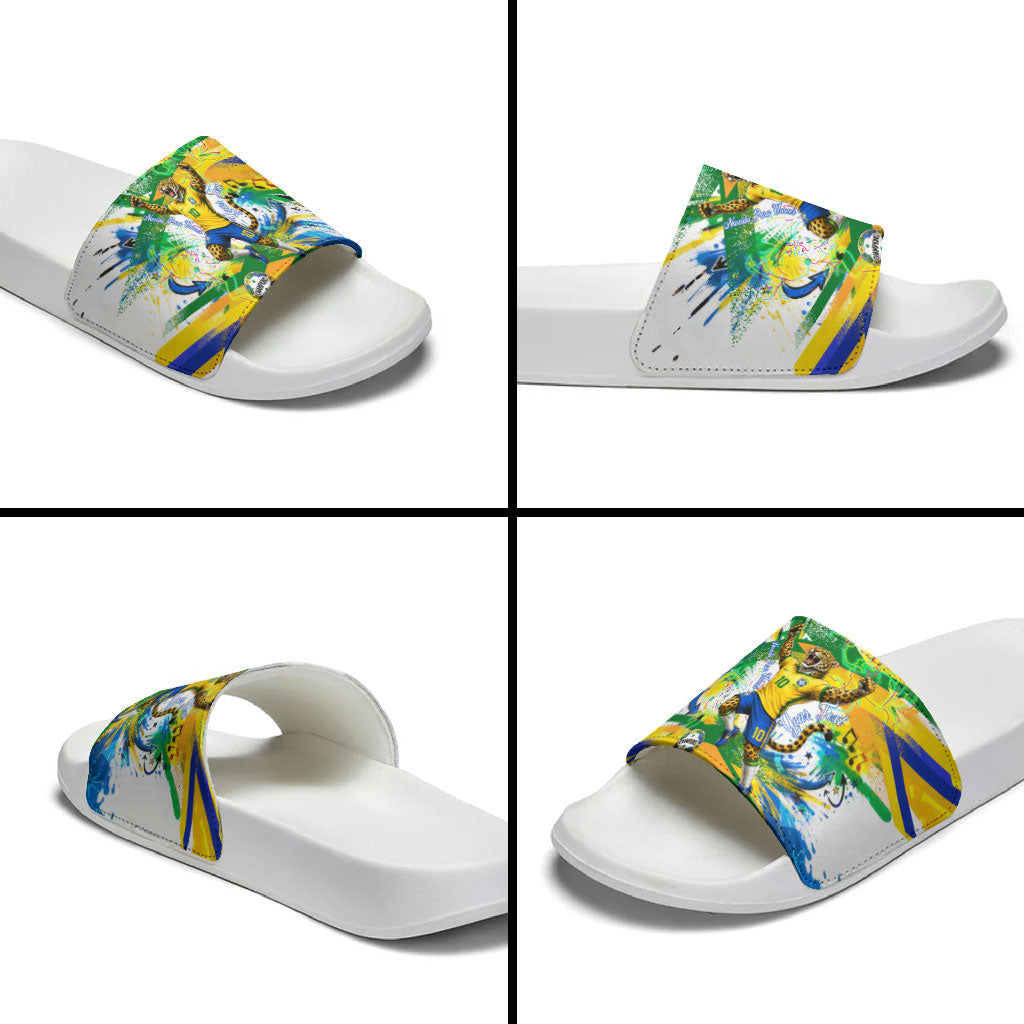 Personalized Brazil 6 Time World Football Champion 2026 Slide Sandals Hexa Brasil Jaguar Mascot - Graffiti Splash Art