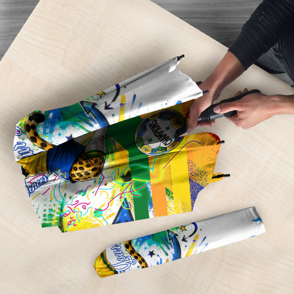 Personalized Brazil 6 Time World Football Champion 2026 Umbrella Hexa Brasil Jaguar Mascot - Graffiti Splash Art