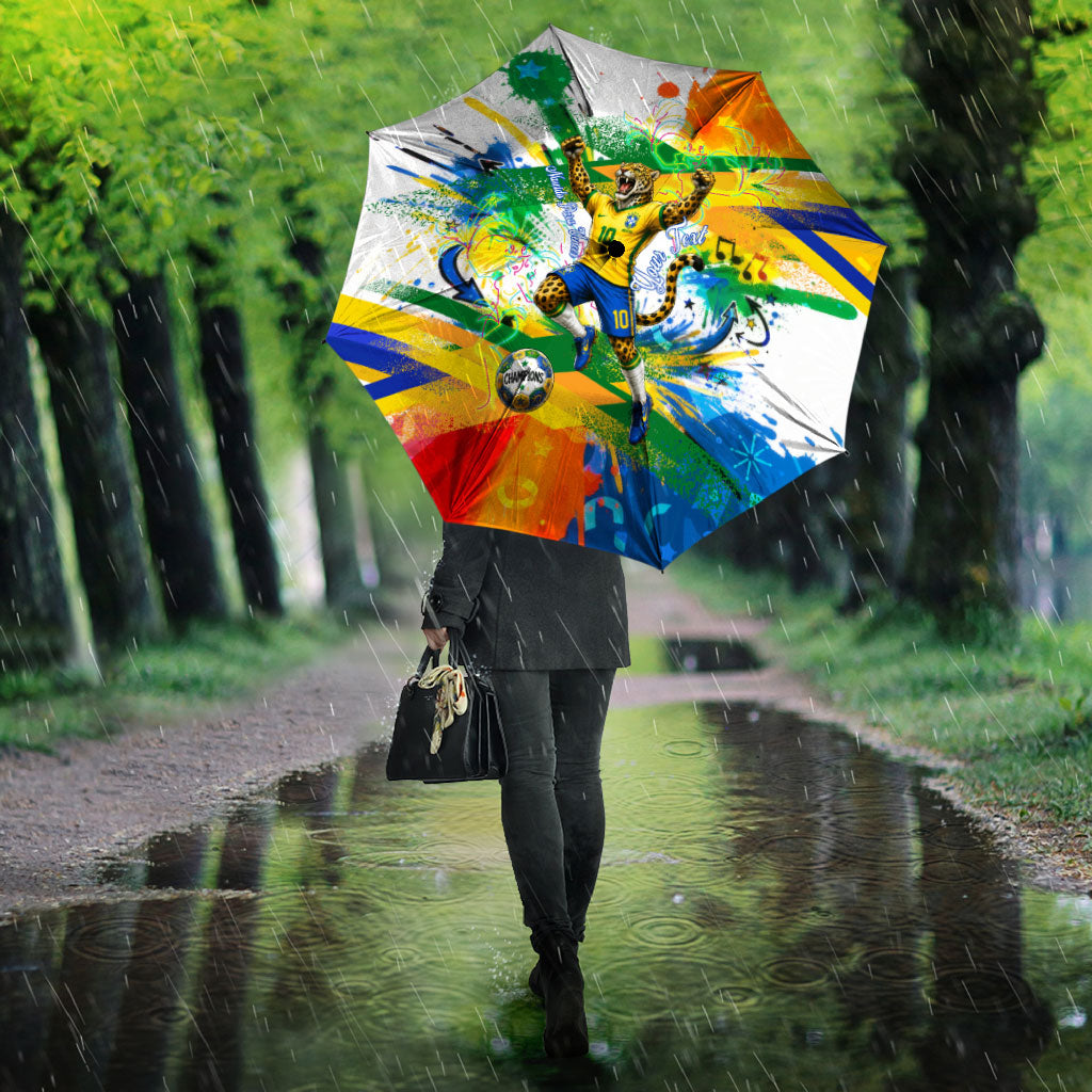 Personalized Brazil 6 Time World Football Champion 2026 Umbrella Hexa Brasil Jaguar Mascot - Graffiti Splash Art