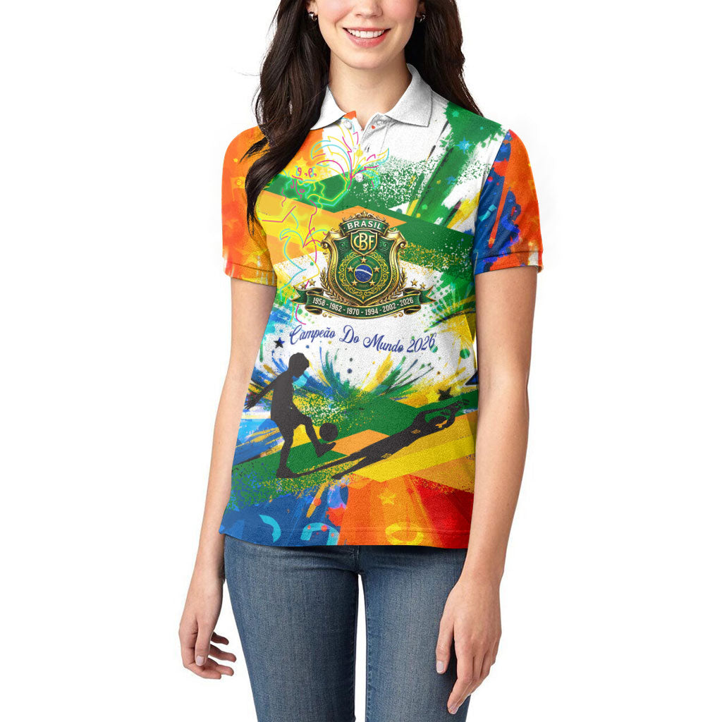 Personalized Brazil 6 Time World Football Champion 2026 Women Polo Shirt Hexa Brasil Jaguar Mascot - Graffiti Splash Art