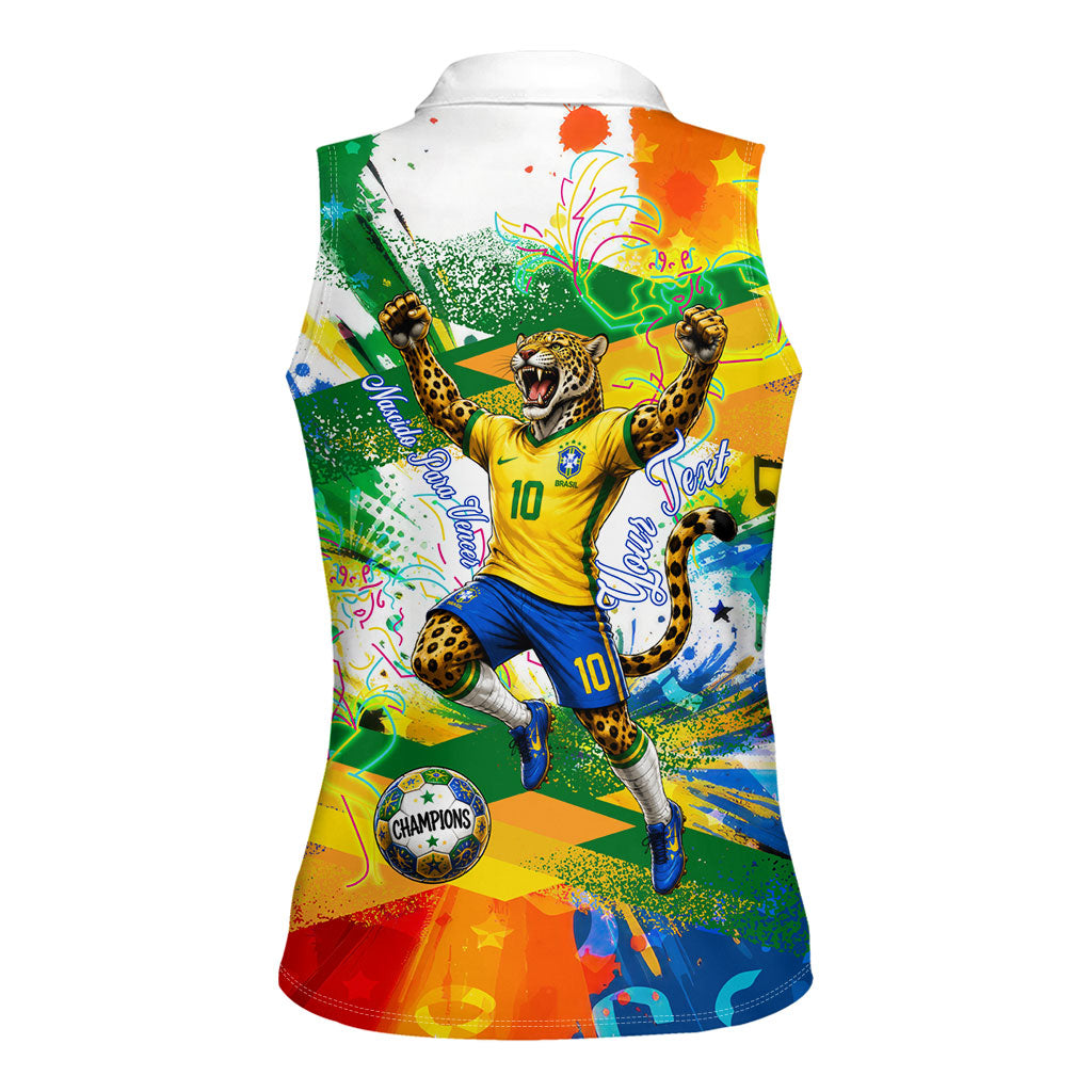 Personalized Brazil 6 Time World Football Champion 2026 Women Sleeveless Polo Shirt Hexa Brasil Jaguar Mascot - Graffiti Splash Art