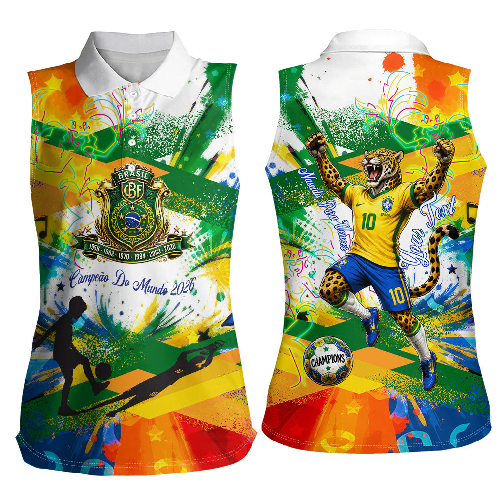 Personalized Brazil 6 Time World Football Champion 2026 Women Sleeveless Polo Shirt Hexa Brasil Jaguar Mascot - Graffiti Splash Art
