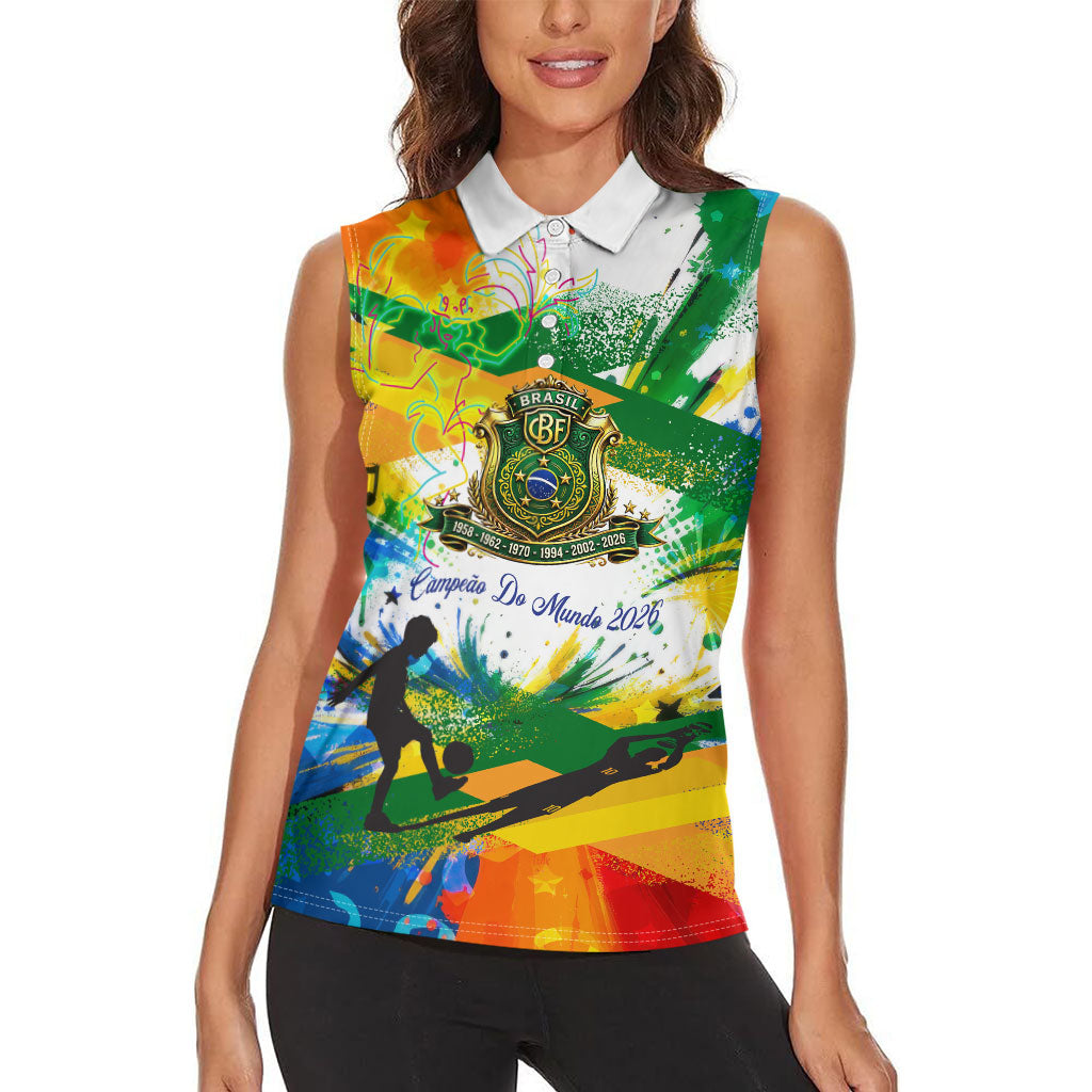 Personalized Brazil 6 Time World Football Champion 2026 Women Sleeveless Polo Shirt Hexa Brasil Jaguar Mascot - Graffiti Splash Art