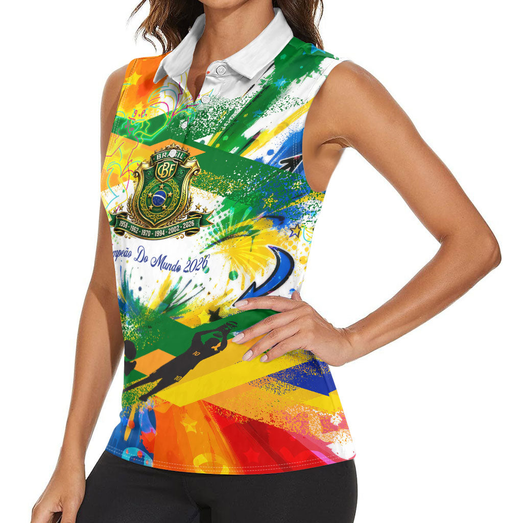 Personalized Brazil 6 Time World Football Champion 2026 Women Sleeveless Polo Shirt Hexa Brasil Jaguar Mascot - Graffiti Splash Art