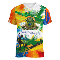Personalized Brazil 6 Time World Football Champion 2026 Women V-Neck T-Shirt Hexa Brasil Jaguar Mascot - Graffiti Splash Art