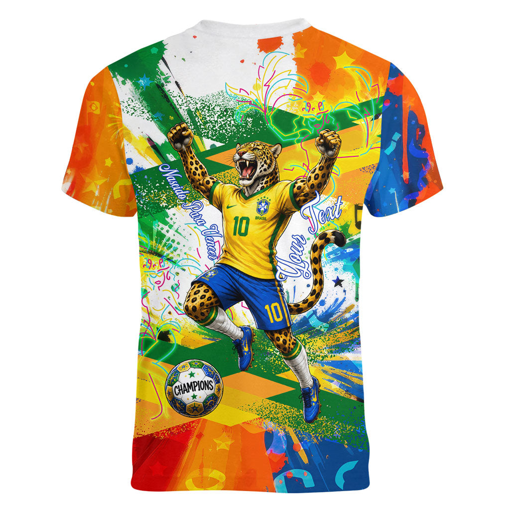 Personalized Brazil 6 Time World Football Champion 2026 Women V-Neck T-Shirt Hexa Brasil Jaguar Mascot - Graffiti Splash Art