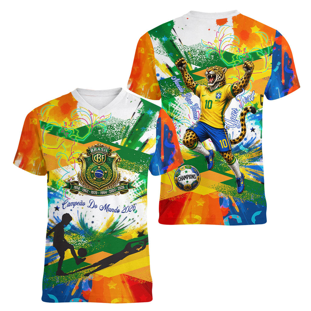 Personalized Brazil 6 Time World Football Champion 2026 Women V-Neck T-Shirt Hexa Brasil Jaguar Mascot - Graffiti Splash Art