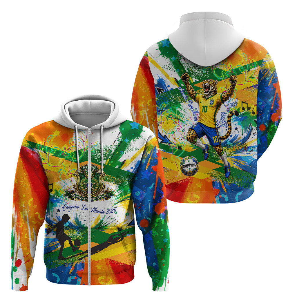 Personalized Brazil 6 Time World Football Champion 2026 Zip Hoodie Hexa Brasil Jaguar Mascot - Graffiti Splash Art