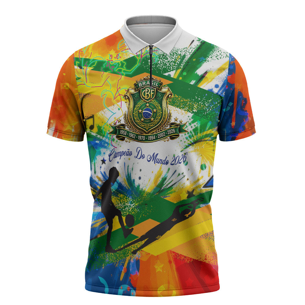Personalized Brazil 6 Time World Football Champion 2026 Zipper Polo Shirt Hexa Brasil Jaguar Mascot - Graffiti Splash Art